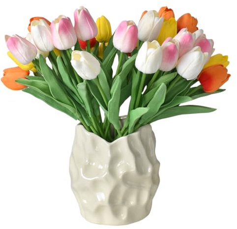 Zimoer Cream Ceramic Vase for Flowers - Large Opening Decorative jardiniere for Living Room & Bedroom, Handcrafted Glazed Minimalist Tulip Vase, Home Decor Art Piece - 11x15cm (1 Piece)
