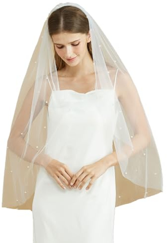 BEAUTELICATE Brautschleier mit Perlen Softtüll Schleier Braut mit Metall Kamm Perlenschleier Kurz Lange Bridal Veil Brautaccessoires für Jga Boho Hochzeit Gartenhochzeit