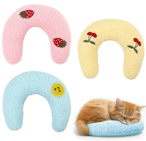 RQcMid Baldrian Katze Katzenminze Kissen, 3er Set Haustierkissen mit Baldrian für Katzen, Kuschelkissen für Katzen in Blau, Rosa und Gelb, Weiches Katzenkissen Baldrian