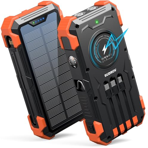 Sudrov Chargeur solaire 42800 mAh, chargeur portable sans fil avec entrée USB-C, charge rapide QC3.0, 15 W, 4 ports, lampe de poche LED intégrée, pour iPhone, Galaxy, iPad, etc