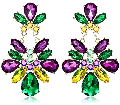 Ohrringe Karneval Lila Grün Gold Kristallohrringe Fasching Tropfen Ohrhänger Mode Anhänger Ohrring mit Strasssteinen Frauen Schmuck Geschenk für Fat Tuesday Parade Disco Dance Party