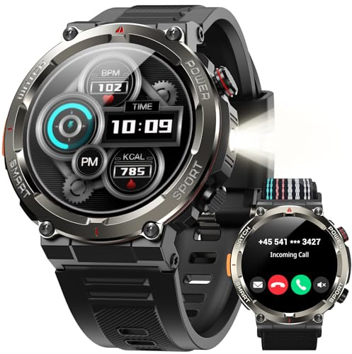 Smartwatch Herren, Bluetooth Anruf, 120+ Sportmodi Sportuhr, 960mAh Akku 30 Tage, IP68 Wasserdicht, 1.45 HD Display, Herzfrequenz/SpO₂/Schlafmonitor, Militär Taschenlampe & Kompass, Für iOS & Android