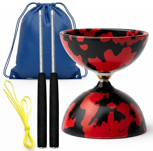 Professionelles Diabolo mit Dreifach-Kugellager – Jonglier-Diabolo mit Carbonfaser-Handstäben, Schnur & Transportbeutel – Stabil und Robust für Anfänger und Erwachsene (Rot und Schwarz)