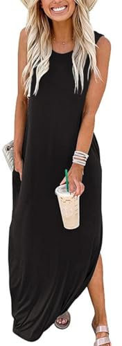 Sxkayxr Damen Sommerkleider Maxikleid Sommer Ärmellos T Shirt A-Linie Maxi Kleider Maxikleider mit Taschen