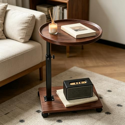 Piashow Beistelltisch Couch höhenverstellbar, Mobiler Sofatisch mit Rollen | 360° drehbarer C Tisch für Sofa & Bett, runder Laptop Tisch, 45–80 cm höhenverstellbar für Home Office