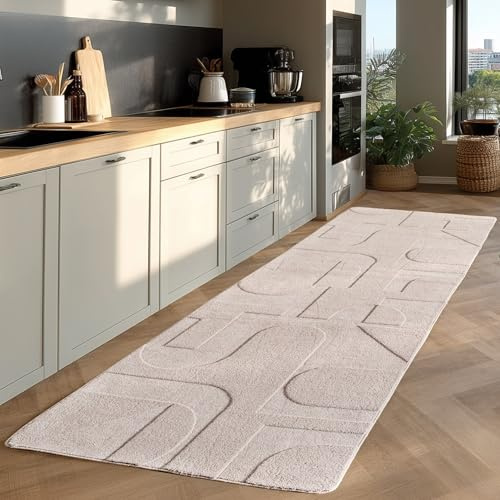 KADIMA DESIGN Moderner Teppich Nordisches Design Pflegeleicht Zeitlos Waschbar Läufer Creme 80x250 cm Esszimmer Wohnzimmer Fußbodenheizung geeignet Oeko-TEX | LAVAREDO