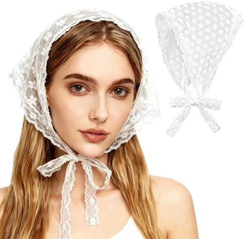 Bandeau Blanc pour Femme en Tissu, Foulard Cheveux Triangulaire avec Motif Floral élégant, Bandana Dentelle Rétro pour Fille, Accessoire Idéal pour Photo et Camping