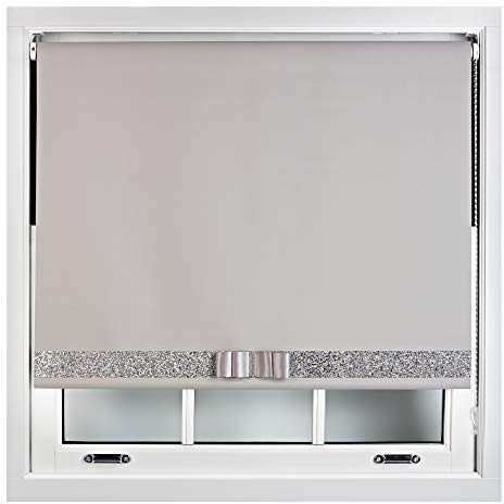FURNISHED Blackout Roller Blinds Decorative Glitter Fabric & Bow - Trimmable - Grey 150W x 165H cm