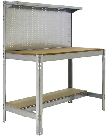 SimonRack Banco de Trabajo Taller, Capacidad Carga 400 kg, 1445x910x610 mm, Mesa de Trabajo, Galvanizado/Madera - BT3