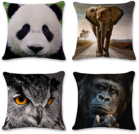 Dekorative Kissenhülle Kissenbezüge 45 x 45 cm, 4er Set Weich Baumwolle Leinen Dekokissen Fall Sofa Auto Home Bed Decor Haus Büro Quadratische Kissenbezüg Nette Tier Panda Elefanten Eule Muster