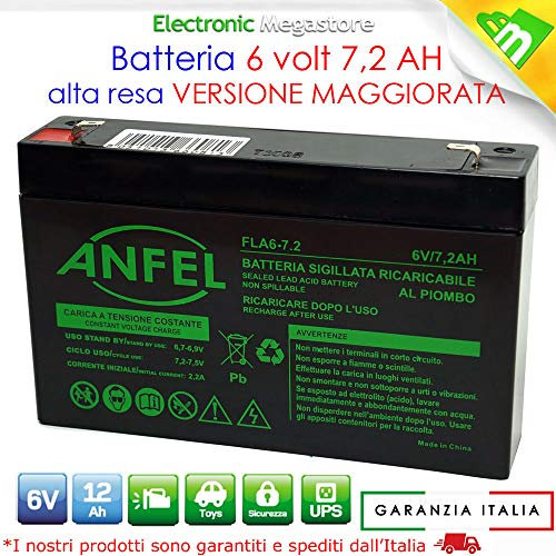 ANFEL Batteria Ermetica Ricaricabile al Piombo 6V Volt 7Ah con connettore faston Ideale per ups sistemi di Sicurezza Peg Perego Giochi Giocattoli Lampada di Emergenza