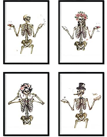 Nacnic Satz von 4 Skelette in Kostümen Poster. Skelette mit Kränze, Schmuck und Hüte. A4 ohne Rahmen.