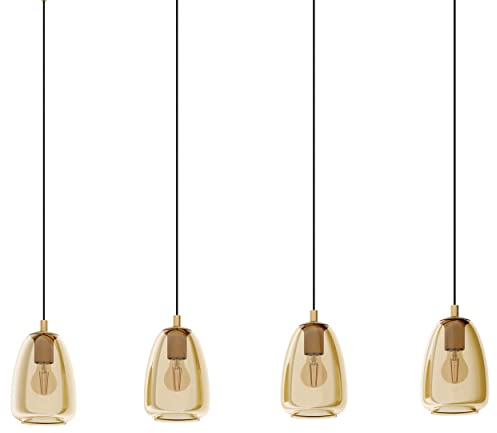 EGLO Hängelampe Alobrase, 4-flammige Pendelleuchte Esstisch, Hängeleuchte aus Metall in Messing gebürstet und bedampften Glas in amber, Esszimmerlampe hängend, E27 Fassung, 108 cm