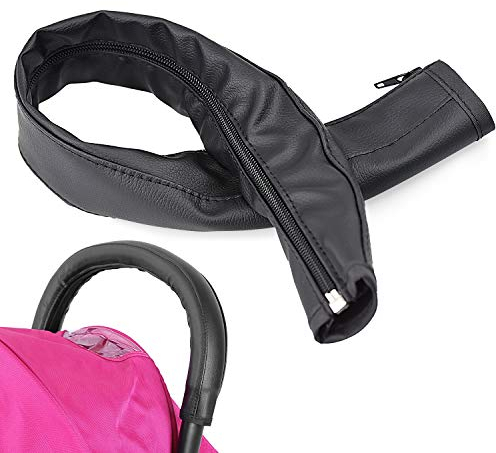 NATEE Baby Kinderwagen Griff PU Leder Schutzhülle, Kinderwagen Zubehör Handgriffe Abdeckung mit Reißverschluss, Schwarz