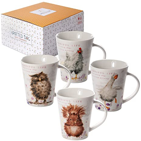 SPOTTED DOG GIFT COMPANY - Kaffeetassen mit schönen Tier-Motiven - Kaffeebecher aus Keramik - mit Eulen-, Eichhörnchen-, Gans- und Hühner-Motiven - Geschenk für Tierliebhaber - 4er-Set
