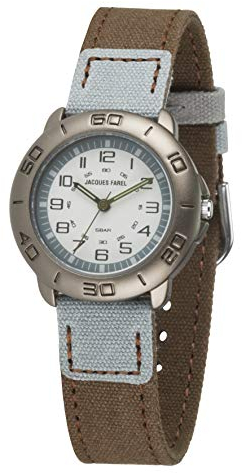 JACQUES FAREL Öko-Kinderuhr Jungen Armbanduhr mit Textilband aus Bio-Baumwolle Analog Quarz Braun Grau ORGS 488