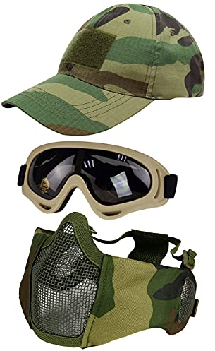 Hodeacc Taktische Maske, Baseballkappen-Set, Verstellbare Halbgesichtsmaske Mit Ohrenschutz, Airsoft-Brille, Augenschutz, Outdoor-Hut für BB/CS-Spiele, 3 Stück