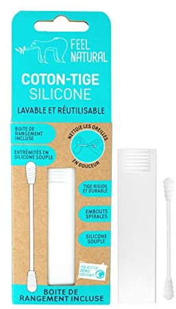 Cotone tomaia in silicone bianco riutilizzabile Feel Natural – Pulizia dell'orecchio adulto in morbido – Scatola di immagazzinaggio inclusa – asta rigida, lavabile – alternativa biodegradabile al