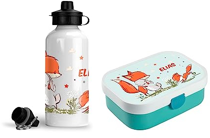 wolga-kreativ Personalisiertes Set Mepal Campus Kinder Brotdose und Trinkflasche Hase Hase Fuchs Lunchbox mit Fächern und Unterteilung als Geschenk Schule und Kindergarten
