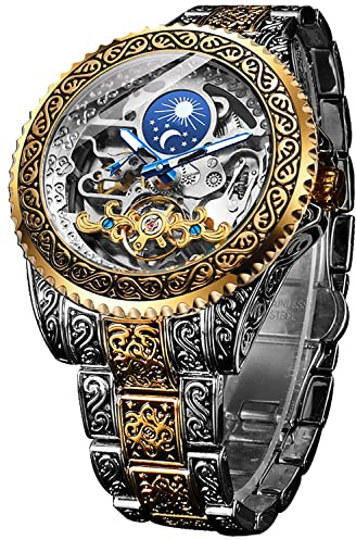 FORSINING Retro Watch for Men Carved Self-Wind Mechanical Tattoo Tourbillon Moon Phase Independent Seconds Skeleton Automatic Big Dial Wrist Watches,Gold