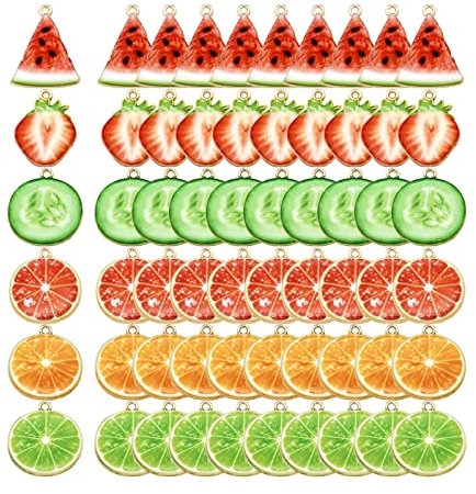 YWNYT 60 Stück Obstscheiben-Anhänger, Wassermelone, Kiwi, Erdbeere, Gurke, Pomelo, baumelnde Anhänger, Harz und Legierung, Obstnahrung, hängende Ornamente für DIY Halskette, Armband, Ohrringe