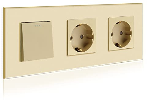 BSSED Lichtschalter mit Doppelt Steckdose 1 Fach 1 Weg,10A Kristall Glas Platte Wandschalter mit 16A Schuko Steckdose Gold, Physische Taste Schalter mit Steckdose 228mm