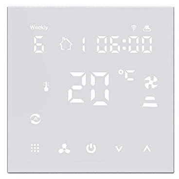 Termostato WiFi Per Aria Condizionata, Fan Coil Thermostat, Schermo LCD a 4 Tubi, Per Aria Fredda Calda e Ventilazione, Compatibile Con Alexa e Google Bianco