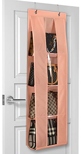 Lirex Handbag Storage Organiser, Over Door Purse Organizer Hanging Bag Hanger with 4 Clear Pockets Foldable Scarf Umbrella Handbag Hanging Storage for Family Closet Bedroom, Universal Fit, Light Pink