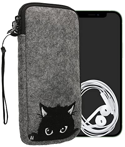 kwmobile Custodia in Feltro con Zip per Smartphone XXL - 7 - Astuccio portacellulare a Sacchetto con Cerniera e Ricamo - Borsa Grigio/Nero