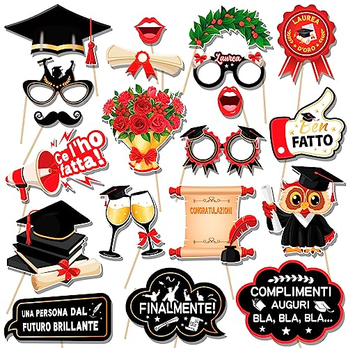 DPKOW 20pcs Foto Props Accessori, Divertente Photo Booth per Festa di Laurea, Gadget DIY Decorazioni Addobbi, Corona Cappello Occhiali Gufo Premiata Spilla Baffi
