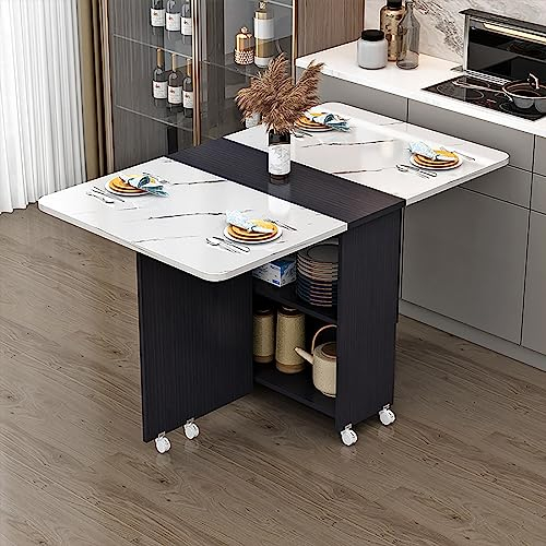 Klapptisch Esszimmertisch Beistelltisch Mobiler Tisch Klappbarer Küchentisch mit 6/8 Rollen und 2 Lagerregalen, Drop-Leaf-Tisch für Kleinen Platz, Platzsparender Esstisch für Küche, Wohnzimmer ( Color