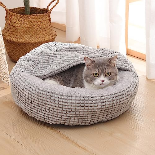 Nyescasa Hundebett Katzenbett mit Kapuze Hundematte Katzenschlafplatz Hundesofa Katzensofa Hundekörbchen Katzenkissen Hundekissen Runde Waschbar rutschfest für Kleine Hunde Katzen Grau 50 * 50 * 22cm