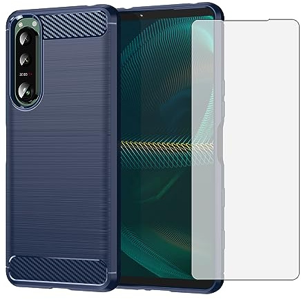 Asuwish Handyhülle für Sony Xperia 5 III Hülle mit Glas Folie Panzerfolie Schutzfolie und Extra Dünn Silikon TPU Handyhüllen Cover 5III 3 XQ-BQ52 5G Slim Handy Hüllen Schutzhülle Phone Case Blau