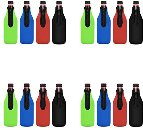 CRAKES Packung mit 16 isolierten Hüllen für Bierflaschen, um Getränke kühl zu halten, Jacken mit Reißverschluss, Hülsen für Kühler Bierflaschen, Bezug aus Neopren