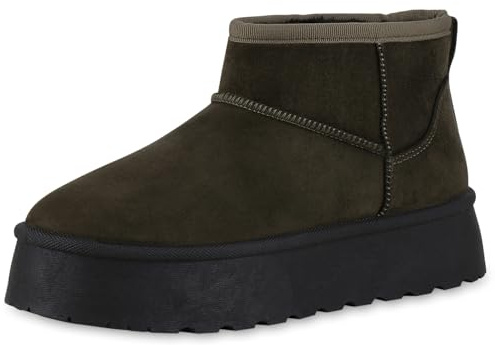 VAN HILL Damen Winter Boots Plateau Profilsohle Trendy Schuhe 213996 Olivgrün Schwarz Trendy 40
