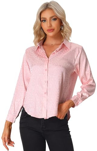 Allegra K Donna Camicia Abbottonata Camicetta Casual Business in Raso con Stampa Leopardata Rosa XL