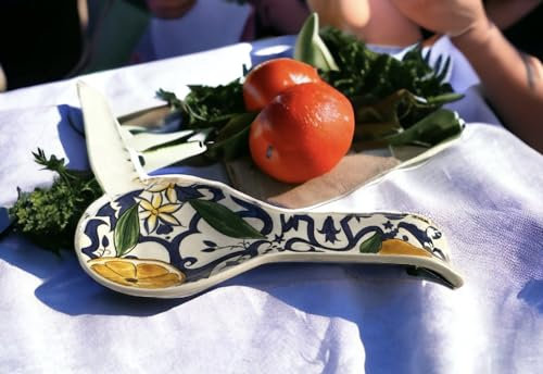 Ceramic Ladle Rest, Spoon Holder, Kitchen Accessories, Multipurpose Kitchen Utensil, with Majolica Print, 30 cm (White/Lemons-Sicily)