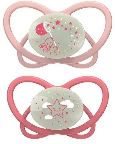 nip - Butterfly Night | 0-6 Monate | 2er Pack | Stillfreundlicher, zahnfreundlicher Babyschnuller mit Leuchtknopf inkl. Schnullerbox. Nachhaltiger Schnuller mit weichem Silikonsauger, Rosa/Rot