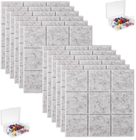 Oungy 12 Pcs Felt Board Tiles, 30x30cm Self Adhesive Felt Pin Board with pins, Large Felt Bulletin Board Notice Board for Home, Office, Silver Grey Felt Cork Board with 100pcs Push Pins