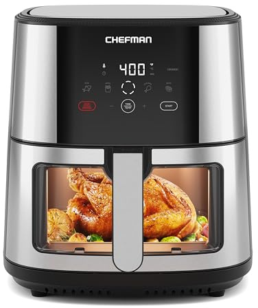 CHEFMAN Easy-View Air Fryer – 8 Qt Family Size with Viewing Window, One-Touch Digital Control with 4 Presets, Nonstick & Dishwasher Safe, Broil, Roast, Dehydrate, Bake, Auto-Shutoff, Stainless Steel