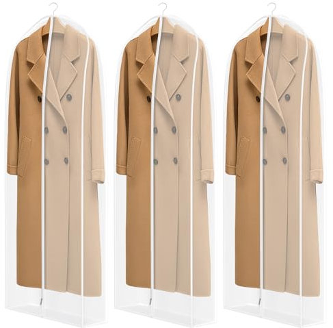 Syeeiex 3 Stück Hochwertige Organza lang Kleidersack, 152x60x17cm, Atmungsaktiver Kleidersäcke mit Reißverschluss, 60 Anzugtasche kleiderhülle für Leder Mantel, Abendkleider, Jacke, Anzug und kleid