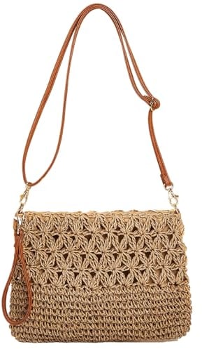 YYW Straw Bag for Women Weave Handmade Single Crossbody Bag with Zipper Beach Bags Bohemian Shoulder Purse for Beach Travel Daily Use-Camel