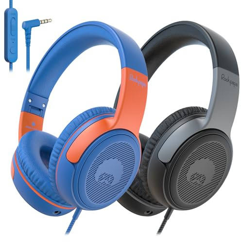 RockPapa Share 2 Pack Kinder Kopfhörer, 85dB/94dB Lautstärkebegrenzung, Kopfhörer Kinder mit Mikrofon, Sharing-Funktion, Faltbarer Kopfhörer Over-Ear für Schule, Travel (Schwarz Grau/Blau Orange)