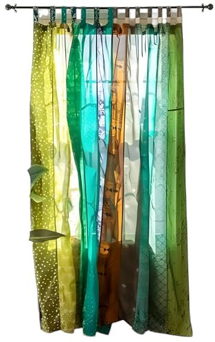 KRAAFTY Sari-Vorhänge aus indischem Seidenmischgewebe, einzigartige Patchwork-Fenstervorhänge für Wohnzimmer und Schlafzimmer, durchscheinende Heimdekoration, 213,4 cm lang, Grün
