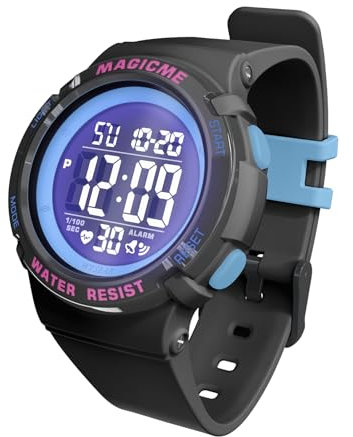 Bigmeda Montres Enfants Fille 50ATM Numérique Garçons Sport Enfants Montres Fille avec Bracelet en Silicone (Noir+Rose)