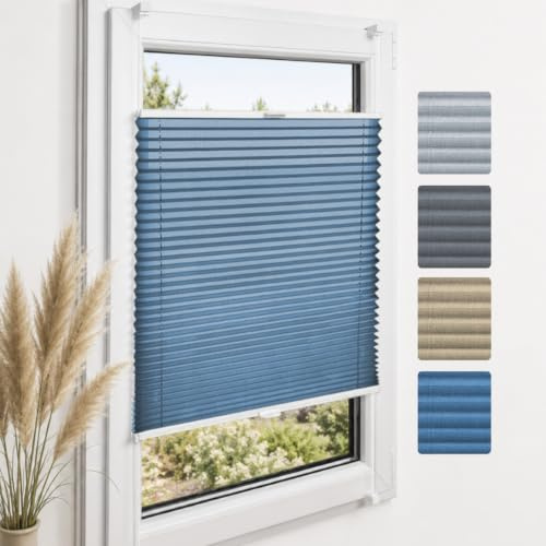 Home-Vision Premium Plissee ohne Bohren Klemmfix Melange Blau B90 x H130cm | Faltrollo mit Klemmträger Lichtdurchlässig Rollo Leinenoptik Blickdicht Sonnenschutz Jalousie für Fenster & Tür