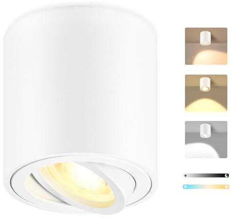 GeyouLux LED Aufbauspots Dimmbar, Ø80x84mm Deckenspot Weiß, Aufbaustrahler inkl. 5W 580LM LED Modul, 3000K/4000K/6500K Aufputz 230V, 30° schwenkbar Aufbauleuchte, Aluminium Deckenspots Aufputz Rund