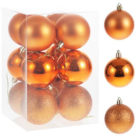 RELONGGI Christmas Tree Baubles, 12pcs 6cm Pre-Strung Baubles, 3 Style Shatterproof Ornaments for Birthday, Halloween, Holiday, Wedding, Christmas Tree Decorations (Orange, Middle)