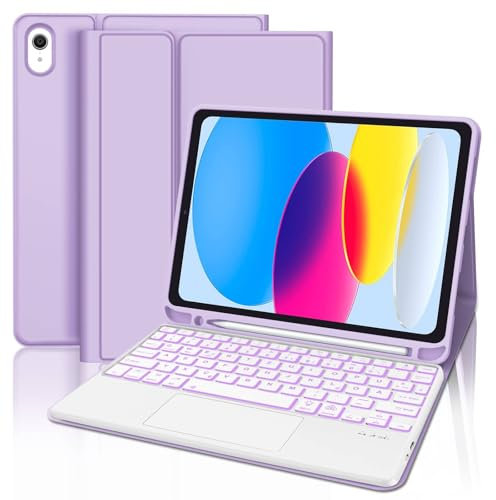 WINCHKING Tastatur Hülle Für iPad A16 11/10 Generation 2025/2022 (11/10.9 Zoll), Hülle Mit Tastatur Für iPad 11/10 Generation, 7 Farben Beleuchtung, Bluetooth Magnetisch QWERTZ Layout, Lila-Trackpad
