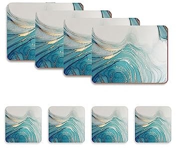Naivasha Homeware Placemats and Coasters Set of 4 - Heat Resistant, Waterproof, Non-Slip Cork Table Mats in Matte Finish, Elegant Placemats & Coasters for Cups, Mugs, Plates & Pans - Aqua Marble